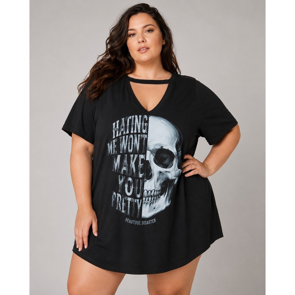 Beautiful Disaster T-Shirt Dress Women 1X Black Skull Graphic Choker Cutout Edgy